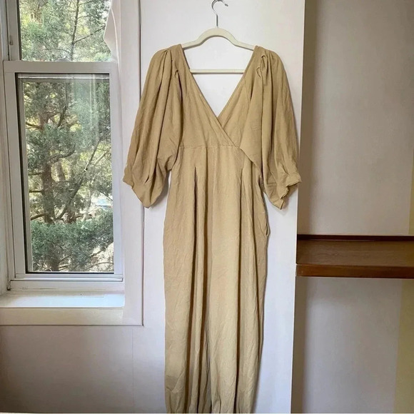 New Free People Lotta Love Jumpsuit Romper Onesie Puff Sleeve in Tan Brown Small - Picture 7 of 12